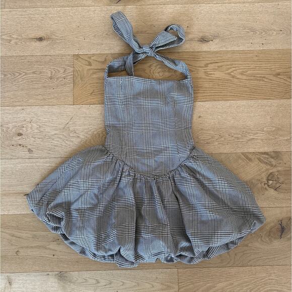 Miss Circle - Dacia Plaid Halter Lace Up Bubble Hem Mini Dress in Black White - Picture 1 of 7